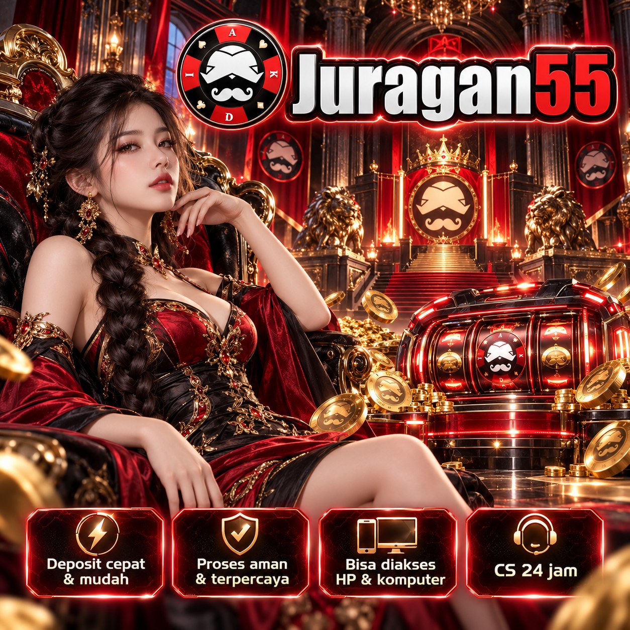 Banner utama JURAGAN55 INDEX: ilustrasi promosi merah dan hitam